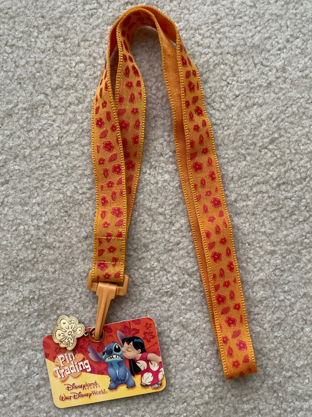 Disney Lilo & Stitch Pin Trading Orange Lanyard Pin Holder Hibiscus Flower Charm